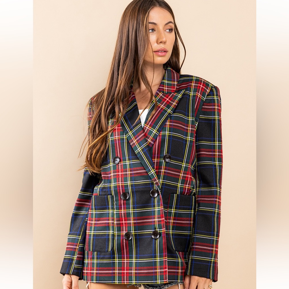 04 Chic Plaid Double Breasted Blazer Jacket - Picture 2 of 6